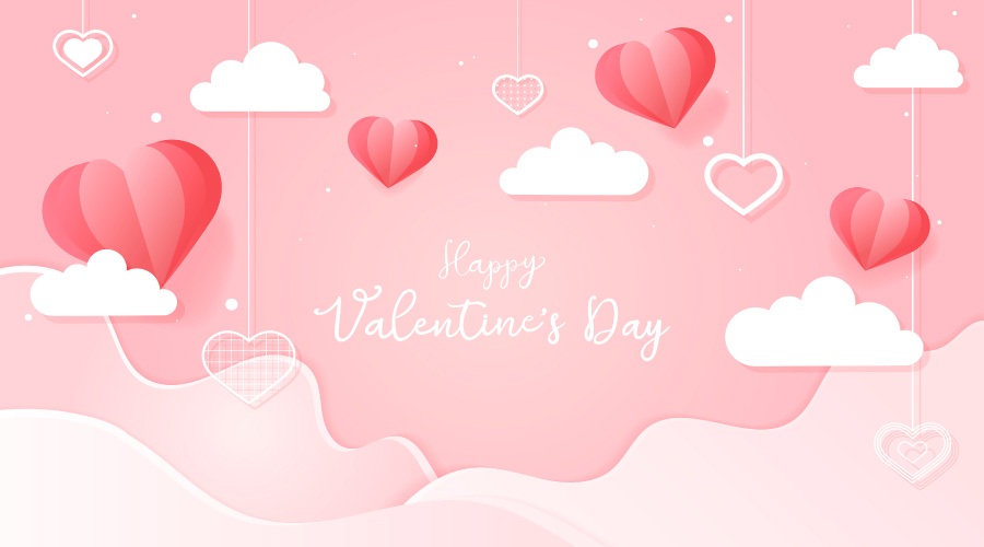 Happy Valentine's Day banner with a pink sky, red heart balloons, and clouds