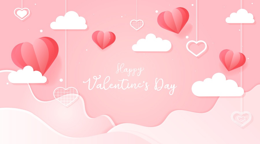 Happy Valentine's Day banner with a pink sky, red heart balloons, and clouds